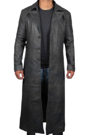 Long Black Leather Trench Coat