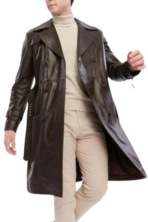 Double Breasted Brown Trench Leather Coat