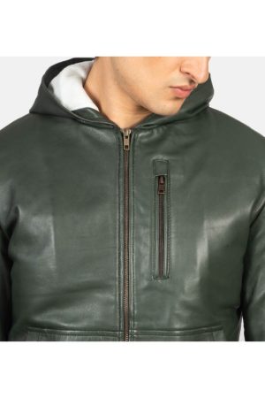 Green Hooded Leather Bomber Jacket
