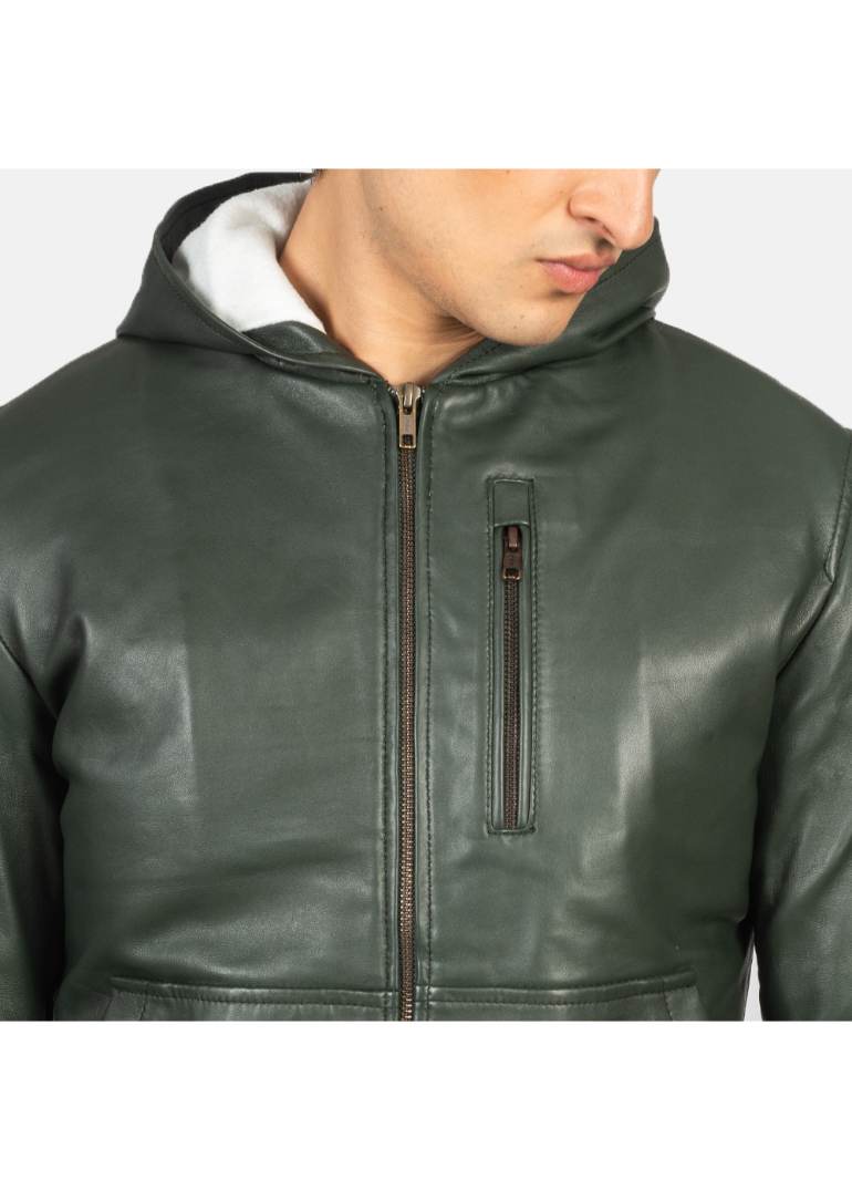 Green Hooded Leather Bomber Jacket 3 Men's+Baston+Green+Hooded+Leather+Bomber+Jacket+Close-Up-9-1634135617169