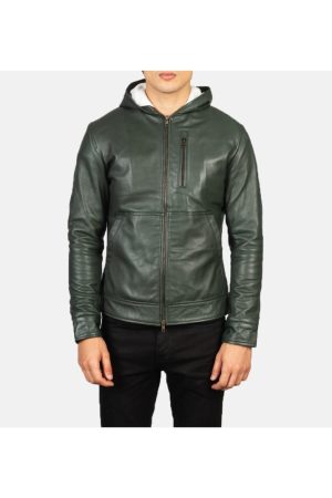 Men's+Baston+Green+Hooded+Leather+Bomber+Jacket+Close+Front-5-1634135609576