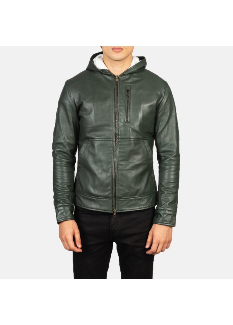 Green Hooded Leather Bomber Jacket 1 Men's+Baston+Green+Hooded+Leather+Bomber+Jacket+Close+Front-5-1634135609576