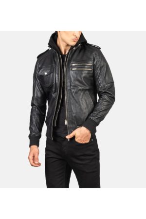 Black Bomber Hooded Leather Jacket