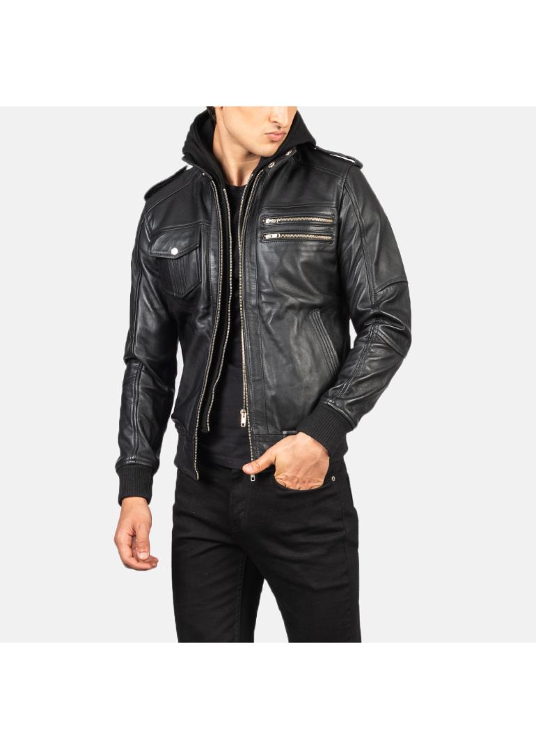 Black Bomber Hooded Leather Jacket 3 Men's+Bravado+Black+Hooded+Leather+Bomber+Jacket-9-1634133600021