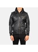 Men's+Bravado+Black+Hooded+Leather+Bomber+Jacket+Close+Front-5-1634133571976