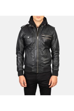 Men's+Bravado+Black+Hooded+Leather+Bomber+Jacket+Close+Front-5-1634133571976