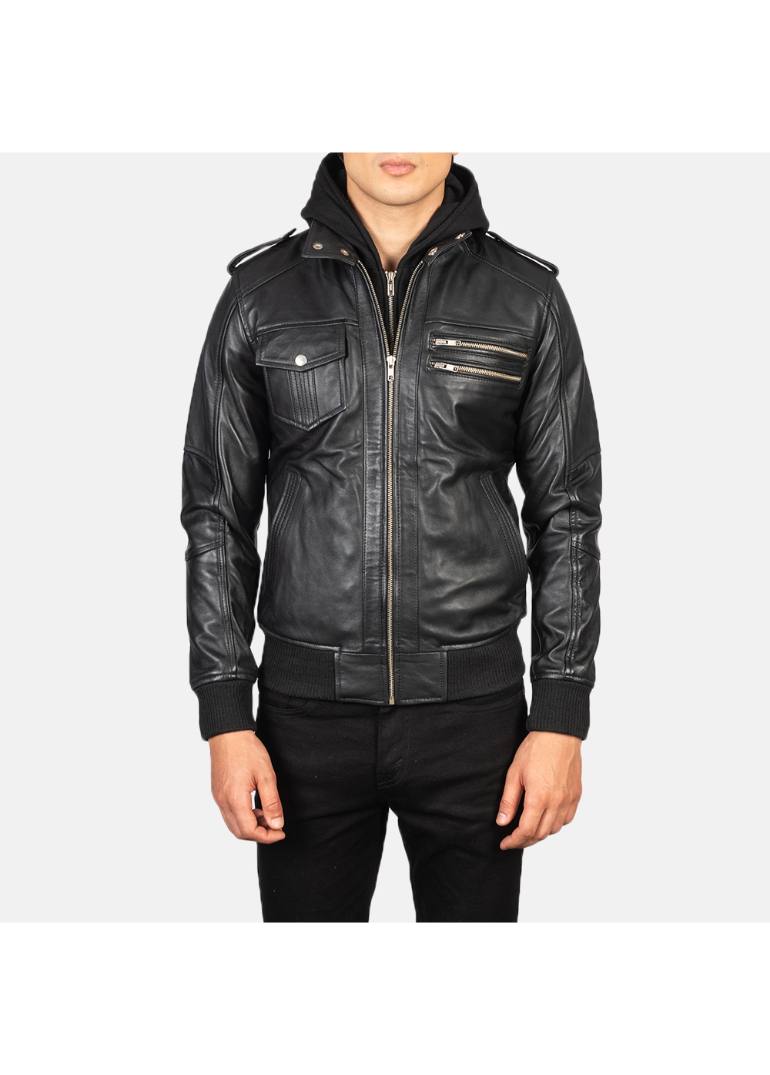 Black Bomber Hooded Leather Jacket 1 Men's+Bravado+Black+Hooded+Leather+Bomber+Jacket+Close+Front-5-1634133571976
