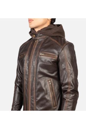 Vintage Brown Hooded Leather Biker Jacket
