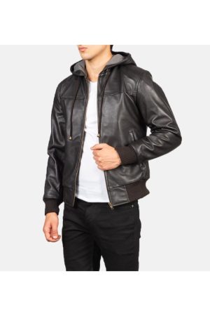 Leather Brown Hooded Bomber Jacket