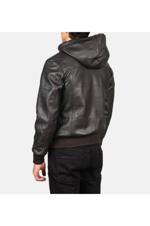 Leather Brown Hooded Bomber Jacket