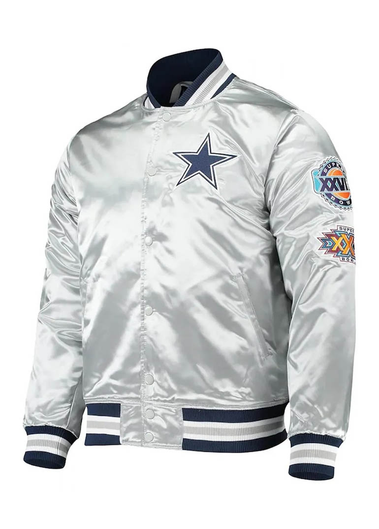 Dallas Cowboys Silver Satin Jacket 1 Dallas Cowboys Silver Satin Jacket