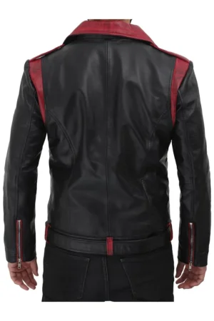Burgundy And Black Leather Biker Jacket Mens