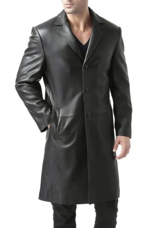 Men's Full Length Black Leather Trench Coat