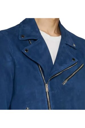 Blue Suede Leather Biker Jacket Mens