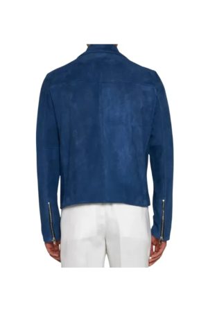 Blue Suede Leather Biker Jacket Mens