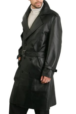 Mens Double Breasted Black Lambskin Leather Trench Coat