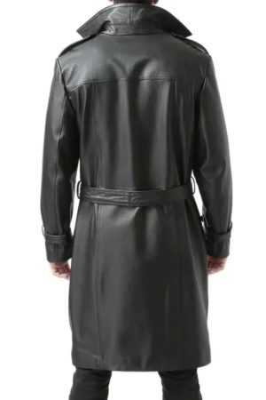 Mens Double Breasted Black Lambskin Leather Trench Coat