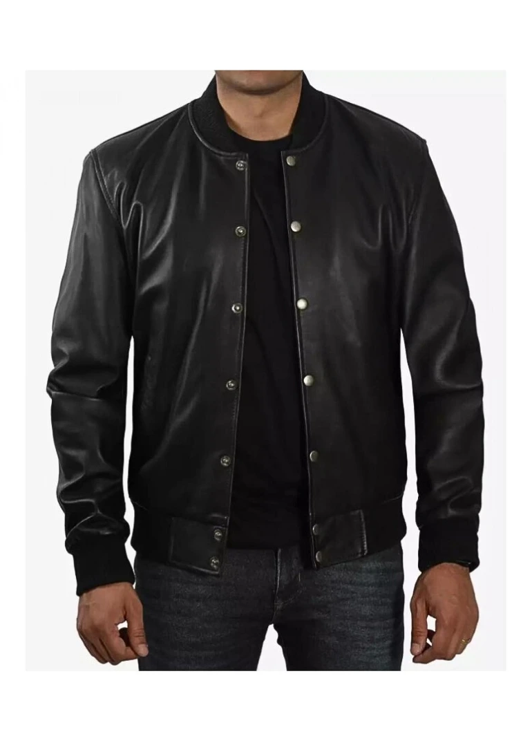 Black Bomber Leather Jacket Mens 1 mens-letterman-black-leather-bomber-jacket