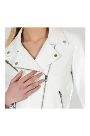 Asymmetrical White Leather Biker Jacket Womens