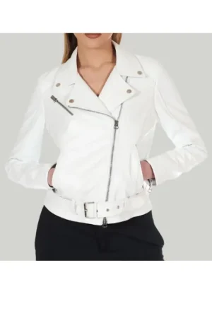 Asymmetrical White Leather Biker Jacket Womens