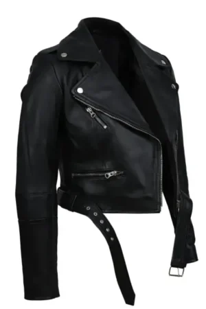 Biker Black Cropped Leather Jacket Womens