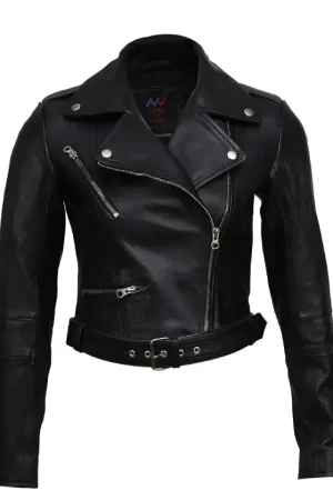 Biker Black Cropped Leather Jacket Womens