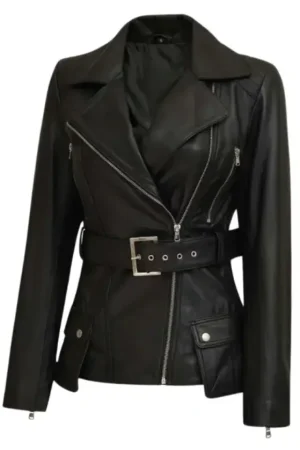 Black Belted Asymmetrical Leather Jacket Womens