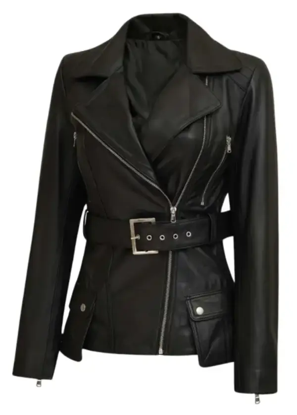 Black Belted Asymmetrical Leather Jacket Womens 2 Black Belted Asymmetrical Leather Jacket Womens - Image 2