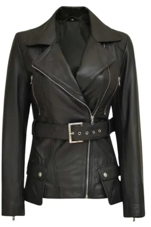 Black Belted Asymmetrical Leather Jacket Womens