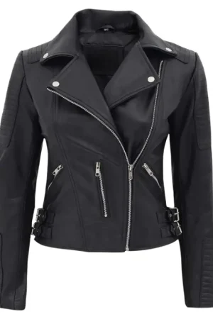Black Biker Leather Quilted Jacket Womens