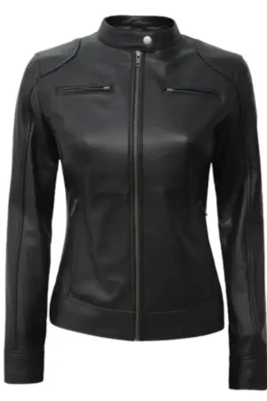 Black Cafe Racer Leather Jacket Womens