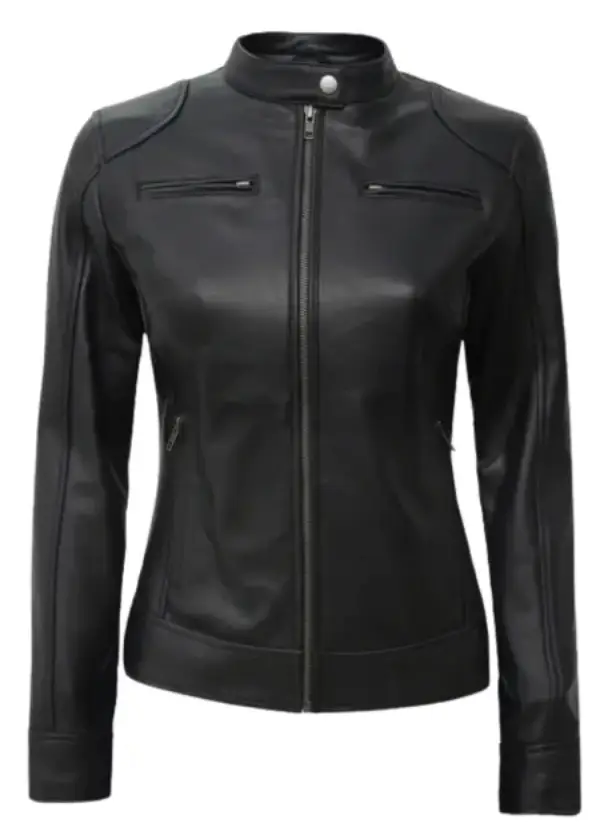Black Cafe Racer Leather Jacket Womens 2 Black Cafe Racer Leather Jacket Womens - Image 2
