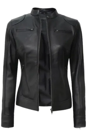 Black Cafe Racer Leather Jacket Womens
