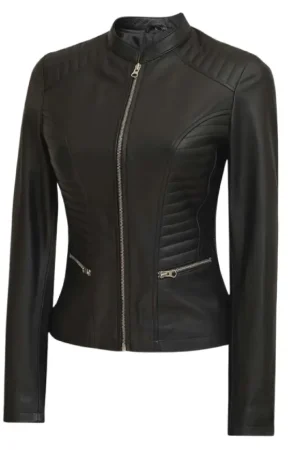 Black Cafe Racer Padded Leather Jacket Womens
