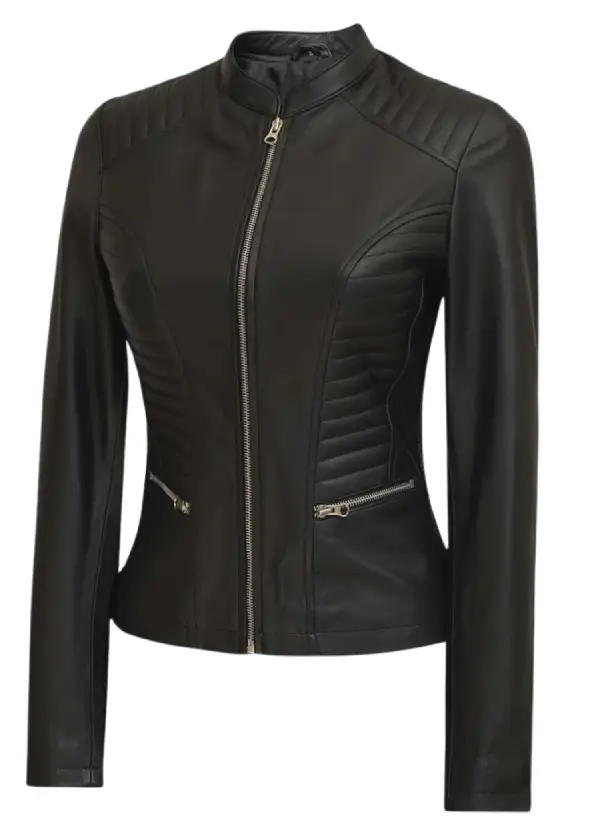Black Cafe Racer Padded Leather Jacket Womens 2 Black Cafe Racer Padded Leather Jacket Womens - Image 2