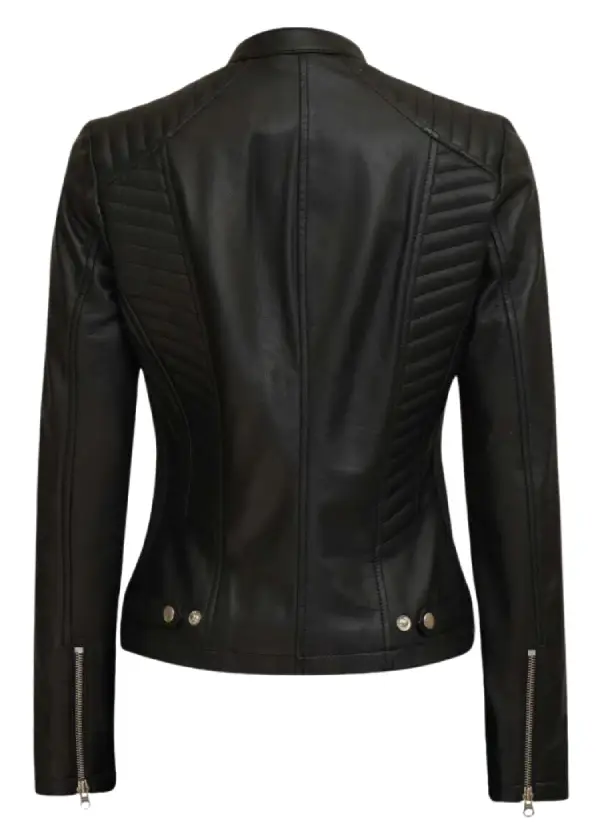 Black Cafe Racer Padded Leather Jacket Womens 3 Black Cafe Racer Padded Leather Jacket Womens - Image 3
