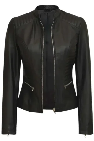 Black Cafe Racer Padded Leather Jacket Womens