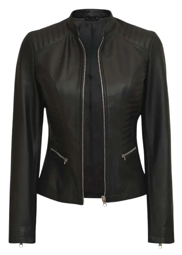 Black Cafe Racer Padded Leather Jacket Womens 1 Black Cafe Racer Padded Leather Jacket Womens