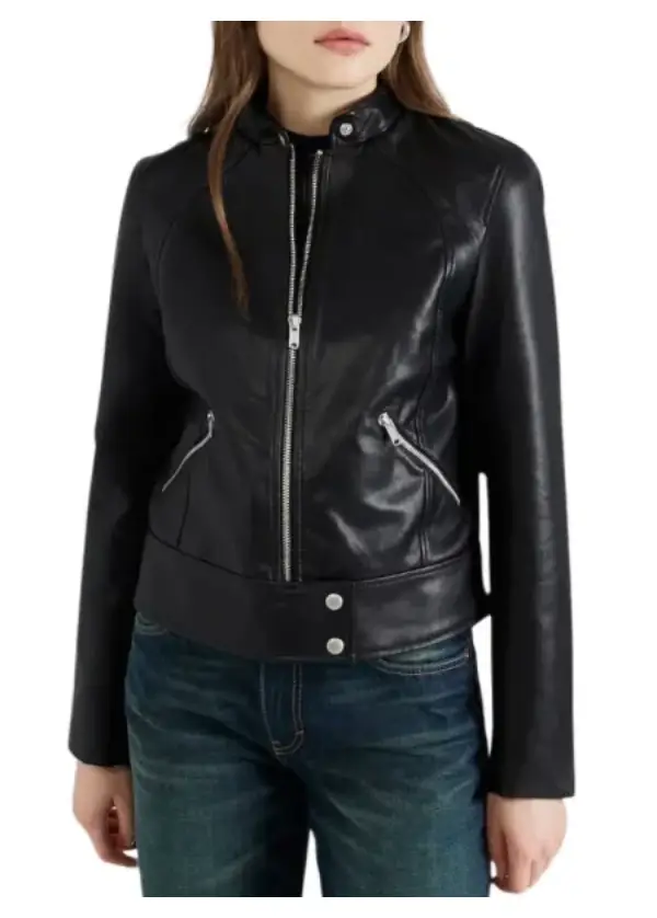 Black Cafe Racer Womens Moto Leather Jacket 2 Black Cafe Racer Womens Moto Leather Jacket - Image 2