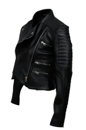 Black Cropped Leather Biker Jacket Womens