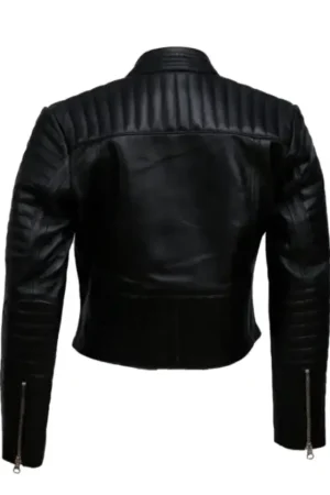 Black Cropped Leather Biker Jacket Womens