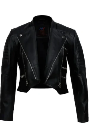 Black Cropped Leather Biker Jacket Womens
