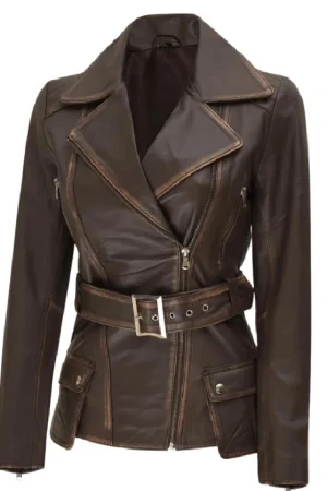 Distressed Brown Leather Cafe Racer Jacket Womens