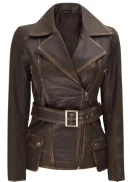 Distressed Brown Belted Leather Jacket Womens