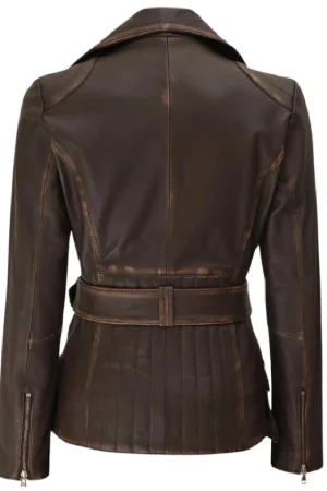 Distressed Brown Leather Cafe Racer Jacket Womens