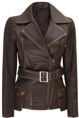Distressed Brown Belted Leather Jacket Womens