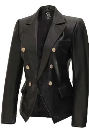 Kim Double Breasted Black Leather Blazer Womens