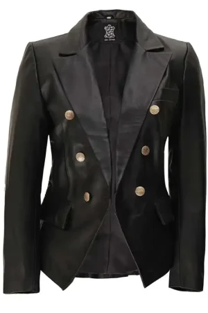 Kim Double Breasted Black Leather Blazer Womens