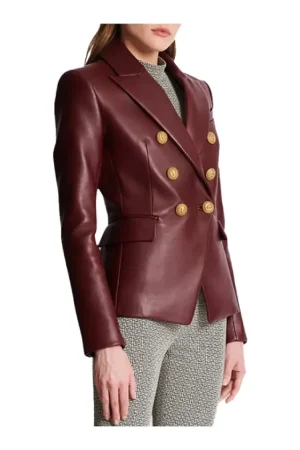 Kim Double Breasted Burgundy Leather Blazer Womens