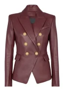 Kim Double Breasted Burgundy Leather Blazer Womens